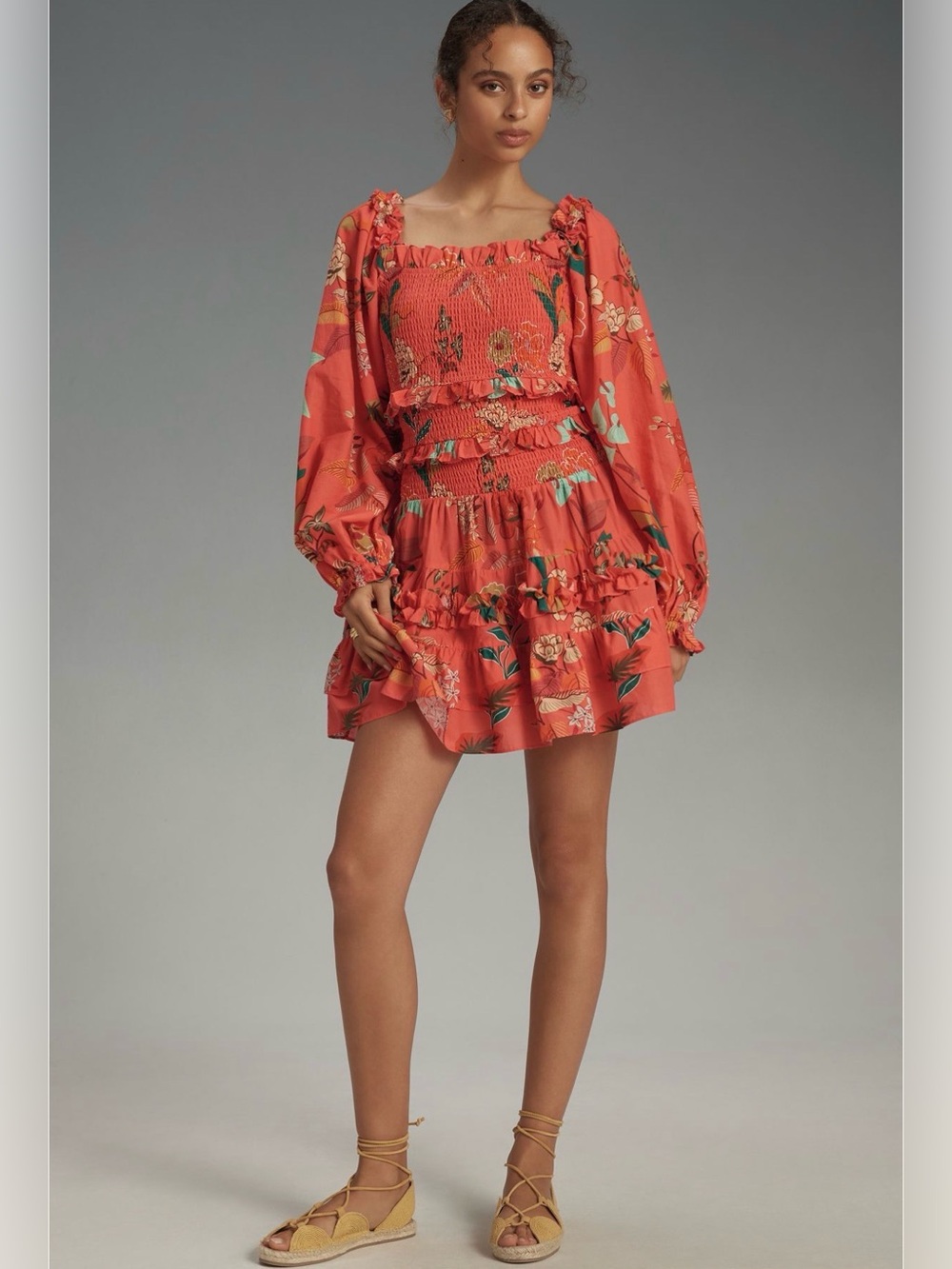 💜 Farm Rio x Anthropologie Floral Smocked Mini Dress – Coral Pink | Size L
